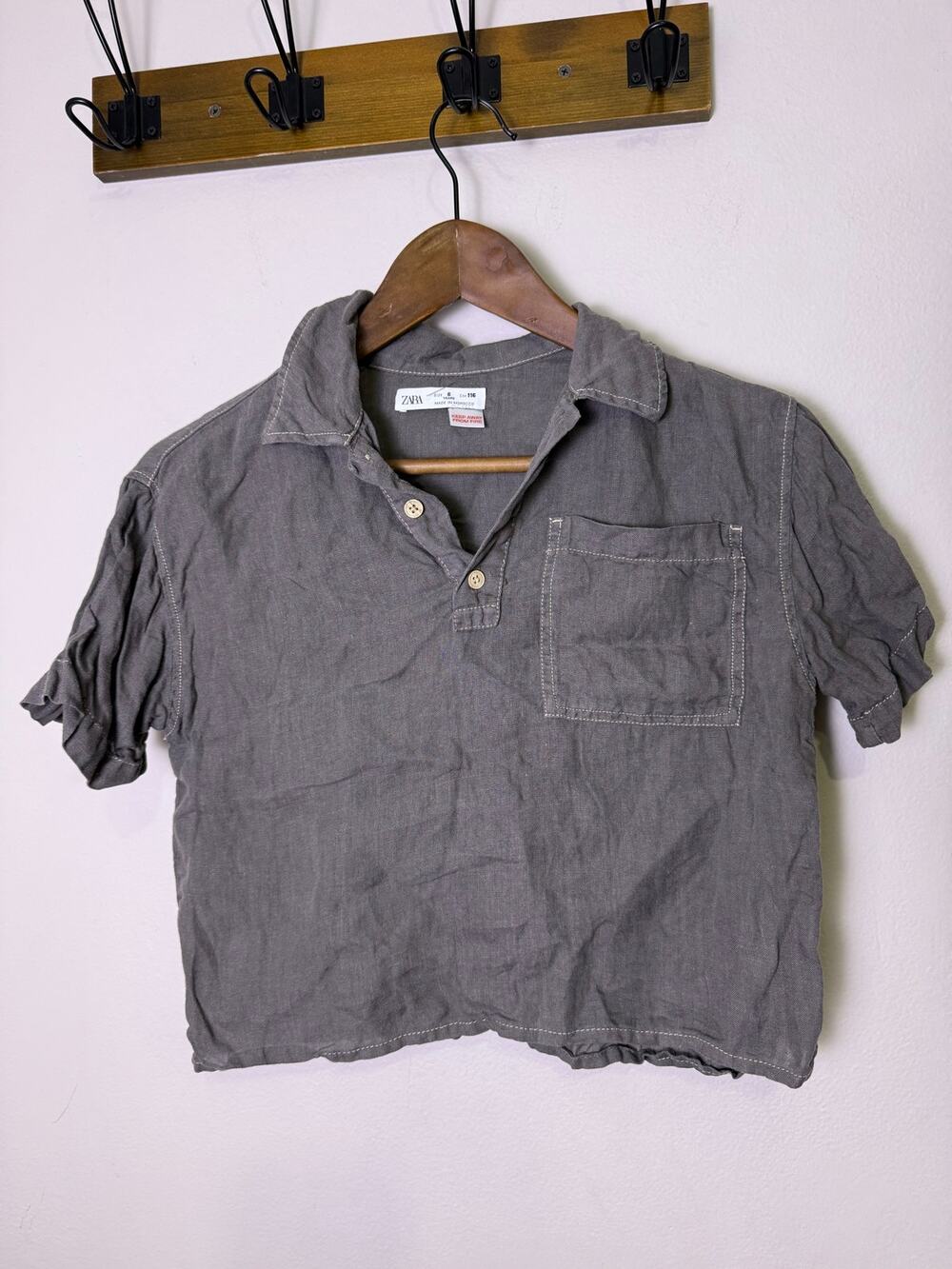 Zara Kids Boys Size 6 116 Gray Collared Short Sleeve Pocket Shirt Casual